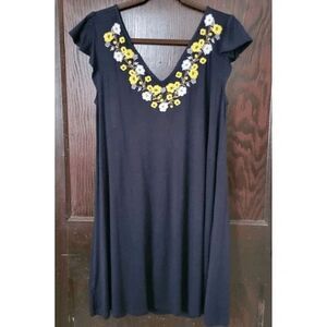 Ann Taylor Loft Blue Floral Embroidered Swing Dress Double V-Neck